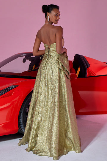 Golden Strapless A Line Prom Dress with Bow
